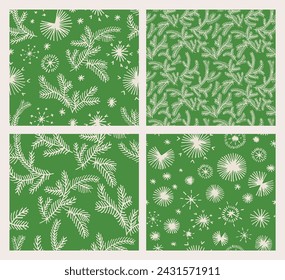 Set of New Year, Christmas patterns with fir trees. Scandinavian Norwegian simple winter print. Minimalistic graphic illustration. Striped herringbone pattern with snowflakes, snowballs.