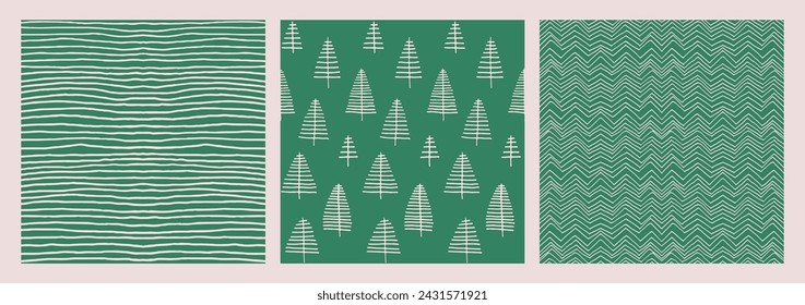 Set of New Year, Christmas patterns with fir trees. Scandinavian Norwegian simple winter print. Minimalistic graphic illustration. Striped herringbone pattern with snowflakes, snowballs.