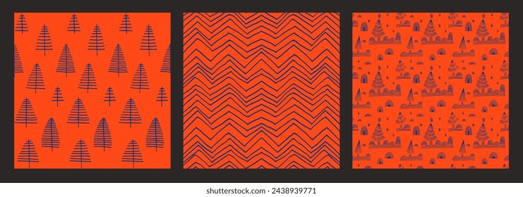 Set of New Year, Christmas patterns with fir trees. Scandinavian Norwegian simple winter print. Minimalistic graphic illustration. Striped herringbone pattern with snowflakes, snowballs.