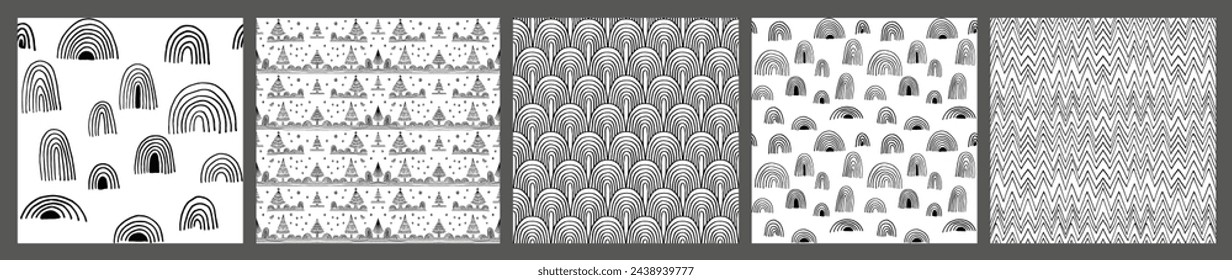 Set of New Year, Christmas patterns with fir trees. Scandinavian Norwegian simple winter print. Minimalistic graphic illustration. Striped herringbone pattern with snowflakes, snowballs.