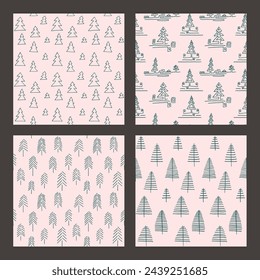 Set of New Year, Christmas patterns with fir trees. Scandinavian Norwegian simple winter print. Minimalistic graphic illustration. Striped herringbone pattern with snowflakes, snowballs.
