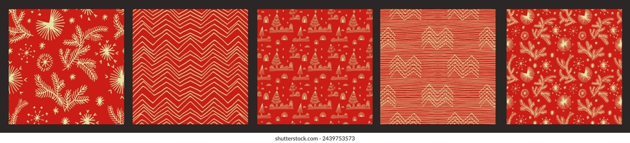 Set of New Year, Christmas patterns with fir trees. Scandinavian Norwegian simple winter print. Minimalistic graphic illustration. Striped herringbone pattern with snowflakes, snowballs.