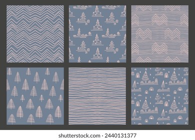 Conjunto de Año Nuevo, patrones de Navidad con abetos. Escandinavo noruego simple impresión de invierno. Ilustración gráfica minimalista. Patrón de espiga rayada con copos de nieve, bolas de nieve.
