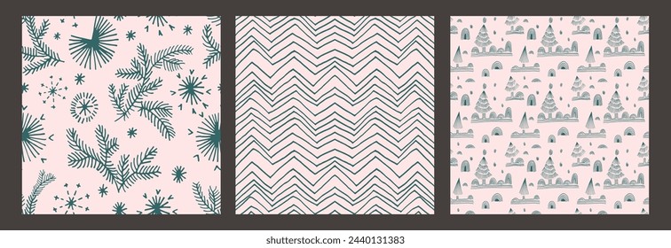 Set of New Year, Christmas patterns with fir trees. Scandinavian Norwegian simple winter print. Minimalistic graphic illustration. Striped herringbone pattern with snowflakes, snowballs.