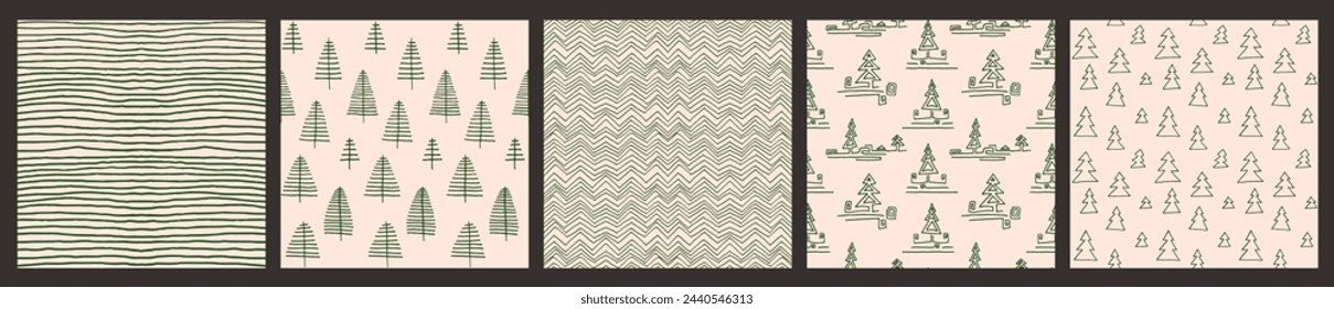 Set of New Year, Christmas patterns with fir trees. Scandinavian Norwegian simple winter print. Minimalistic graphic illustration. Striped herringbone pattern with snowflakes, snowballs.