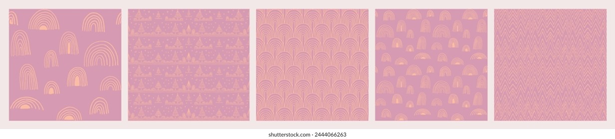 Set of New Year, Christmas patterns with fir trees. Scandinavian Norwegian simple winter print. Minimalistic graphic illustration. Striped herringbone pattern with snowflakes, snowballs.