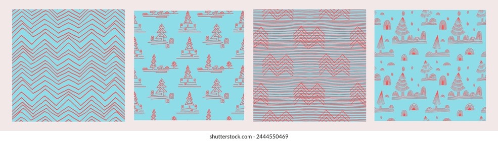 Conjunto de año Nuevo, patrones de Navidades con abetos. Escandinavo noruego simple impresión de invierno. Ilustración gráfica minimalista. Patrón de espiga rayada con copos de nieve, bolas de nieve.