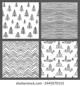 Conjunto de año Nuevo, patrones de Navidades con abetos. Escandinavo noruego simple impresión de invierno. Ilustración gráfica minimalista. Patrón de espiga rayada con copos de nieve, bolas de nieve.