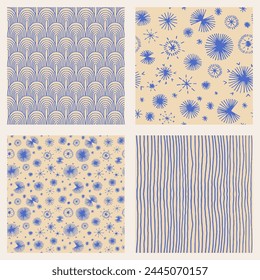 Set of New Year, Christmas patterns with fir trees. Scandinavian Norwegian simple winter print. Minimalistic graphic illustration. Striped herringbone pattern with snowflakes, snowballs.