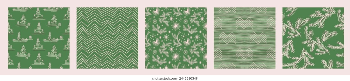 Set of New Year, Christmas patterns with fir trees. Scandinavian Norwegian simple winter print. Minimalistic graphic illustration. Striped herringbone pattern with snowflakes, snowballs.