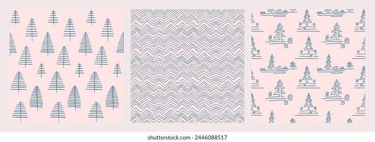 Set of New Year, Christmas patterns with fir trees. Scandinavian Norwegian simple winter print. Minimalistic graphic illustration. Striped herringbone pattern with snowflakes, snowballs.