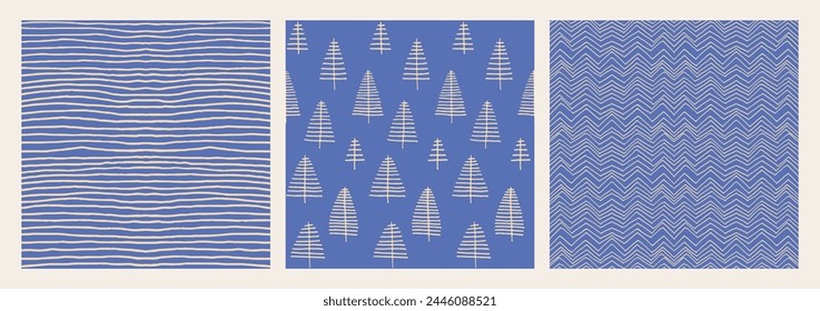 Set of New Year, Christmas patterns with fir trees. Scandinavian Norwegian simple winter print. Minimalistic graphic illustration. Striped herringbone pattern with snowflakes, snowballs.