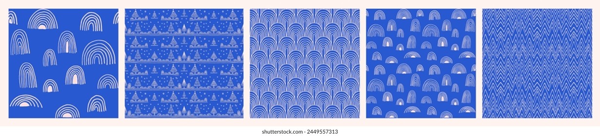 Set of New Year, Christmas patterns with fir trees. Scandinavian Norwegian simple winter print. Minimalistic graphic illustration. Striped herringbone pattern with snowflakes, snowballs.