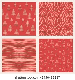 Set of New Year, Christmas patterns with fir trees. Scandinavian Norwegian simple winter print. Minimalistic graphic illustration. Striped herringbone pattern with snowflakes, snowballs.