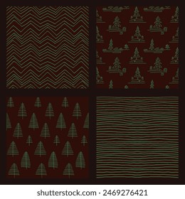 Set of New Year, Christmas patterns with fir trees. Scandinavian Norwegian simple winter print. Minimalistic graphic illustration. Striped herringbone pattern with snowflakes, snowballs.