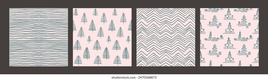 Set of New Year, Christmas patterns with fir trees. Scandinavian Norwegian simple winter print. Minimalistic graphic illustration. Striped herringbone pattern with snowflakes, snowballs.