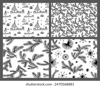 Set of New Year, Christmas patterns with fir trees. Scandinavian Norwegian simple winter print. Minimalistic graphic illustration. Striped herringbone pattern with snowflakes, snowballs.