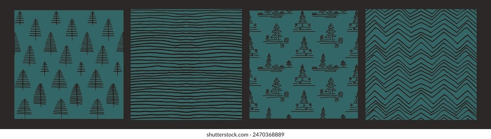 Set of New Year, Christmas patterns with fir trees. Scandinavian Norwegian simple winter print. Minimalistic graphic illustration. Striped herringbone pattern with snowflakes, snowballs.