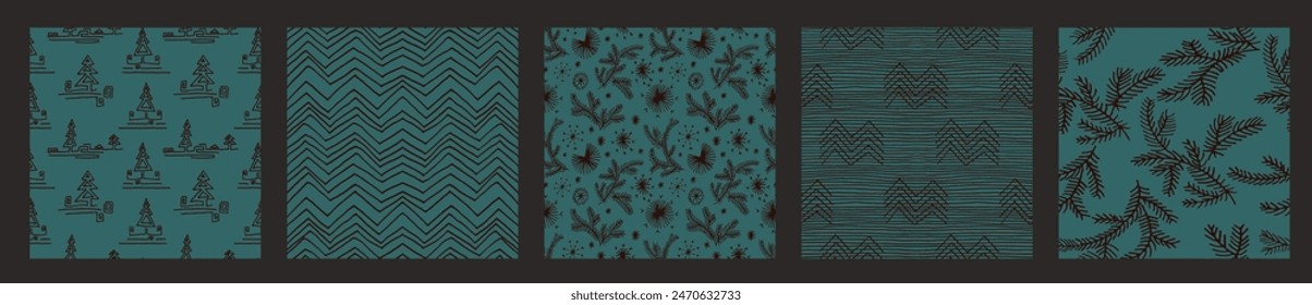 Set of New Year, Christmas patterns with fir trees. Scandinavian Norwegian simple winter print. Minimalistic graphic illustration. Striped herringbone pattern with snowflakes, snowballs.
