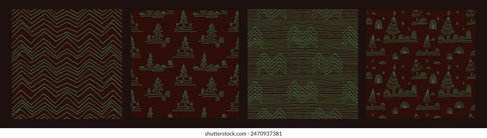 Set of New Year, Christmas patterns with fir trees. Scandinavian Norwegian simple winter print. Minimalistic graphic illustration. Striped herringbone pattern with snowflakes, snowballs.