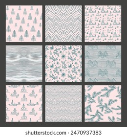 Set of New Year, Christmas patterns with fir trees. Scandinavian Norwegian simple winter print. Minimalistic graphic illustration. Striped herringbone pattern with snowflakes, snowballs.
