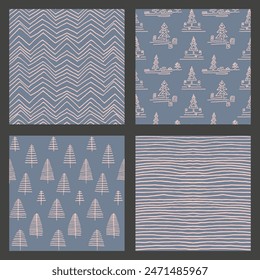 Set von Neuen Jahren, Weihnachtsmusiken Muster mit Tannen. Skandinavischer norwegischer einfacher Winterdruck. Minimalistische grafische Darstellung. Gestreiftes Fischgrätenmuster mit Schneeflocken, Schneebälle.