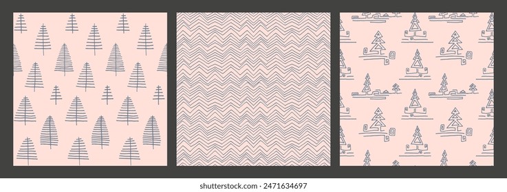 Set of New Year, Christmas patterns with fir trees. Scandinavian Norwegian simple winter print. Minimalistic graphic illustration. Striped herringbone pattern with snowflakes, snowballs.