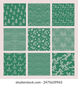 Set of New Year, Christmas patterns with fir trees. Scandinavian Norwegian simple winter print. Minimalistic graphic illustration. Striped herringbone pattern with snowflakes, snowballs.