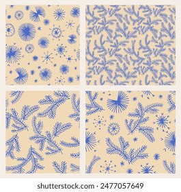 Set of New Year, Christmas patterns with fir trees. Scandinavian Norwegian simple winter print. Minimalistic graphic illustration. Striped herringbone pattern with snowflakes, snowballs.
