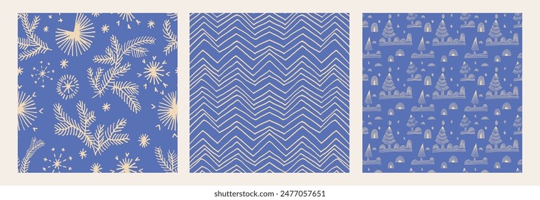 Set of New Year, Christmas patterns with fir trees. Scandinavian Norwegian simple winter print. Minimalistic graphic illustration. Striped herringbone pattern with snowflakes, snowballs.