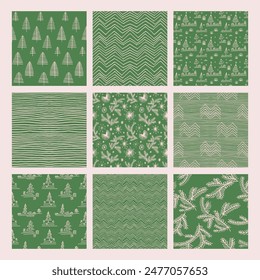 Set of New Year, Christmas patterns with fir trees. Scandinavian Norwegian simple winter print. Minimalistic graphic illustration. Striped herringbone pattern with snowflakes, snowballs.