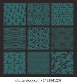 Set of New Year, Christmas patterns with fir trees. Scandinavian Norwegian simple winter print. Minimalistic graphic illustration. Striped herringbone pattern with snowflakes, snowballs.