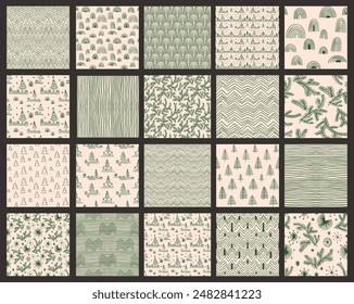 Set of New Year, Christmas patterns with fir trees. Scandinavian Norwegian simple winter print. Minimalistic graphic illustration. Striped herringbone pattern with snowflakes, snowballs.