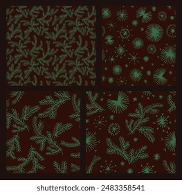 Set of New Year, Christmas patterns with fir trees. Scandinavian Norwegian simple winter print. Minimalistic graphic illustration. Striped herringbone pattern with snowflakes, snowballs.