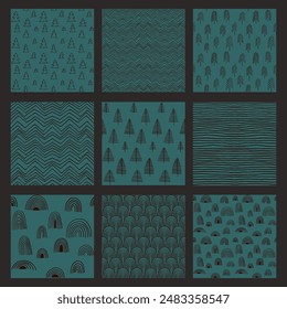 Set of New Year, Christmas patterns with fir trees. Scandinavian Norwegian simple winter print. Minimalistic graphic illustration. Striped herringbone pattern with snowflakes, snowballs.