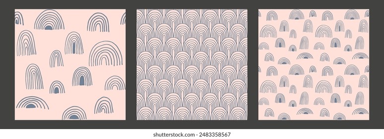 Conjunto de año Nuevo, patrones de Navidades con abetos. Escandinavo noruego simple impresión de invierno. Ilustración gráfica minimalista. Patrón de espiga rayada con copos de nieve, bolas de nieve.