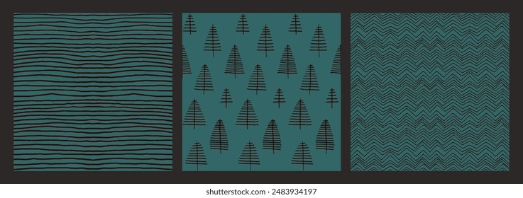 Set of New Year, Christmas patterns with fir trees. Scandinavian Norwegian simple winter print. Minimalistic graphic illustration. Striped herringbone pattern with snowflakes, snowballs.