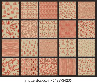 Set of New Year, Christmas patterns with fir trees. Scandinavian Norwegian simple winter print. Minimalistic graphic illustration. Striped herringbone pattern with snowflakes, snowballs.