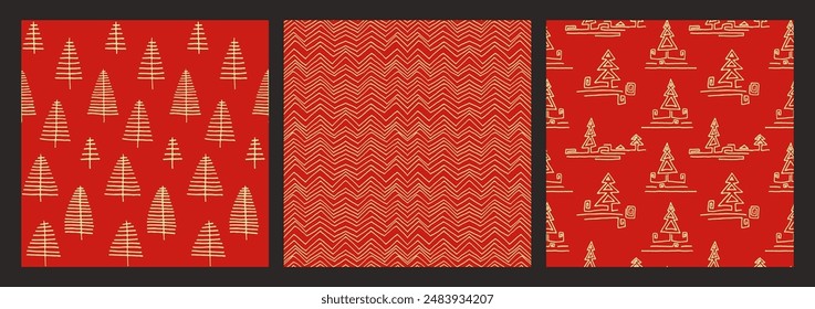 Set of New Year, Christmas patterns with fir trees. Scandinavian Norwegian simple winter print. Minimalistic graphic illustration. Striped herringbone pattern with snowflakes, snowballs.