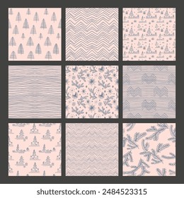 Set von Neuen Jahren, Weihnachtsmusiken Muster mit Tannen. Skandinavischer norwegischer einfacher Winterdruck. Minimalistische grafische Darstellung. Gestreiftes Fischgrätenmuster mit Schneeflocken, Schneebälle.