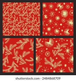 Set of New Year, Christmas patterns with fir trees. Scandinavian Norwegian simple winter print. Minimalistic graphic illustration. Striped herringbone pattern with snowflakes, snowballs.