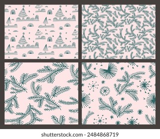Conjunto de año Nuevo, patrones de Navidades con abetos. Escandinavo noruego simple impresión de invierno. Ilustración gráfica minimalista. Patrón de espiga rayada con copos de nieve, bolas de nieve.