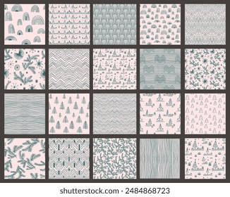 Conjunto de año Nuevo, patrones de Navidades con abetos. Escandinavo noruego simple impresión de invierno. Ilustración gráfica minimalista. Patrón de espiga rayada con copos de nieve, bolas de nieve.