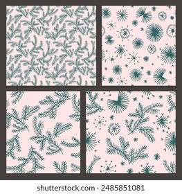 Set of New Year, Christmas patterns with fir trees. Scandinavian Norwegian simple winter print. Minimalistic graphic illustration. Striped herringbone pattern with snowflakes, snowballs.