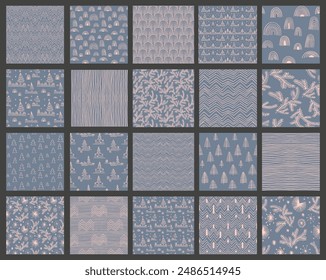 Conjunto de año Nuevo, patrones de Navidades con abetos. Escandinavo noruego simple impresión de invierno. Ilustración gráfica minimalista. Patrón de espiga rayada con copos de nieve, bolas de nieve.