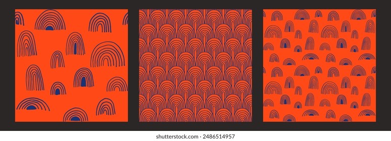Conjunto de año Nuevo, patrones de Navidades con abetos. Escandinavo noruego simple impresión de invierno. Ilustración gráfica minimalista. Patrón de espiga rayada con copos de nieve, bolas de nieve.