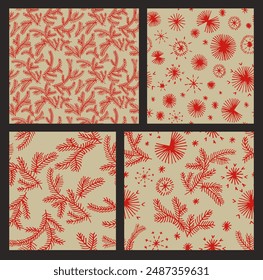 Conjunto de año Nuevo, patrones de Navidades con abetos. Escandinavo noruego simple impresión de invierno. Ilustración gráfica minimalista. Patrón de espiga rayada con copos de nieve, bolas de nieve.