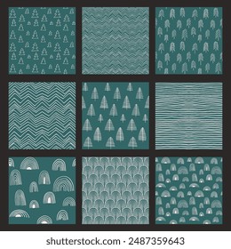 Conjunto de año Nuevo, patrones de Navidades con abetos. Escandinavo noruego simple impresión de invierno. Ilustración gráfica minimalista. Patrón de espiga rayada con copos de nieve, bolas de nieve.