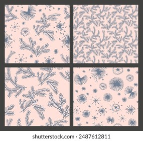 Set of New Year, Christmas patterns with fir trees. Scandinavian Norwegian simple winter print. Minimalistic graphic illustration. Striped herringbone pattern with snowflakes, snowballs.