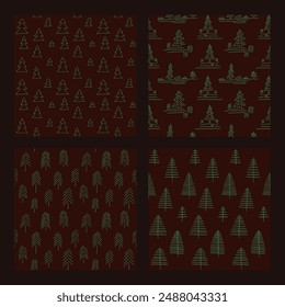 Set of New Year, Christmas patterns with fir trees. Scandinavian Norwegian simple winter print. Minimalistic graphic illustration. Striped herringbone pattern with snowflakes, snowballs.